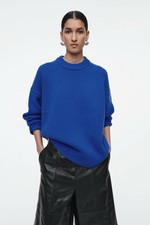 cos viral 100% colbat blue wool chunky knit crew neck jumper sweater. size L