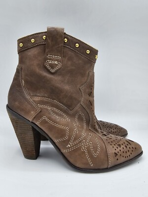 Carlos Santana Spur Brown Leather 4''Heel Stitching Ankle Western Boots Size 9M 