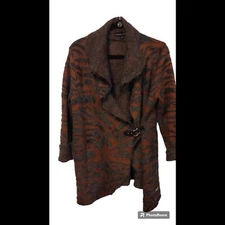 Black Rivet Bronze Brown and dark grey fuzzy cardigan sweater mini belt front