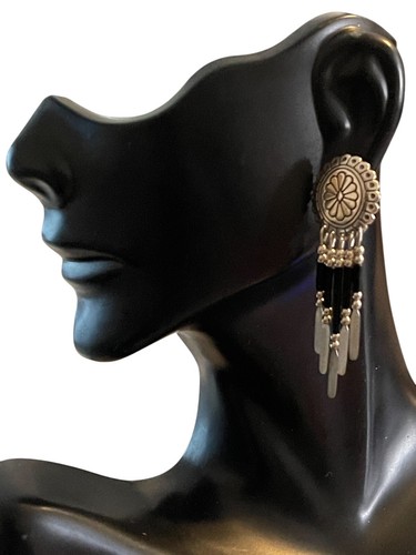 Quoc Concho Dangle Onyx Beaded Feather Earrings