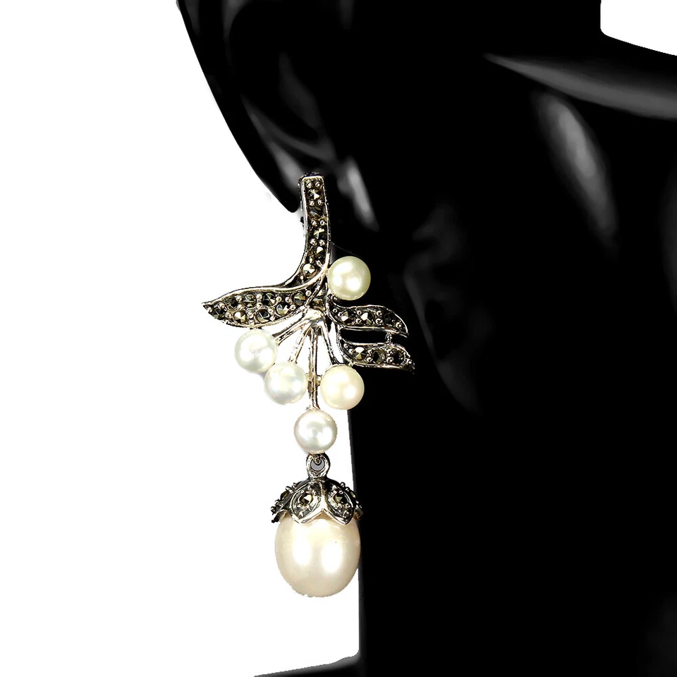 Pendientes de plata de ley 925 perlas barrocas 12x9 mm marcasita piedras preciosas joyería Foto 2 de 4