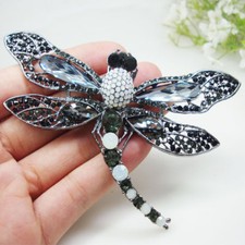 Vintage Black Dragonfly Bird Brooch Pin Pendant Rhinestone Crystal Accessories