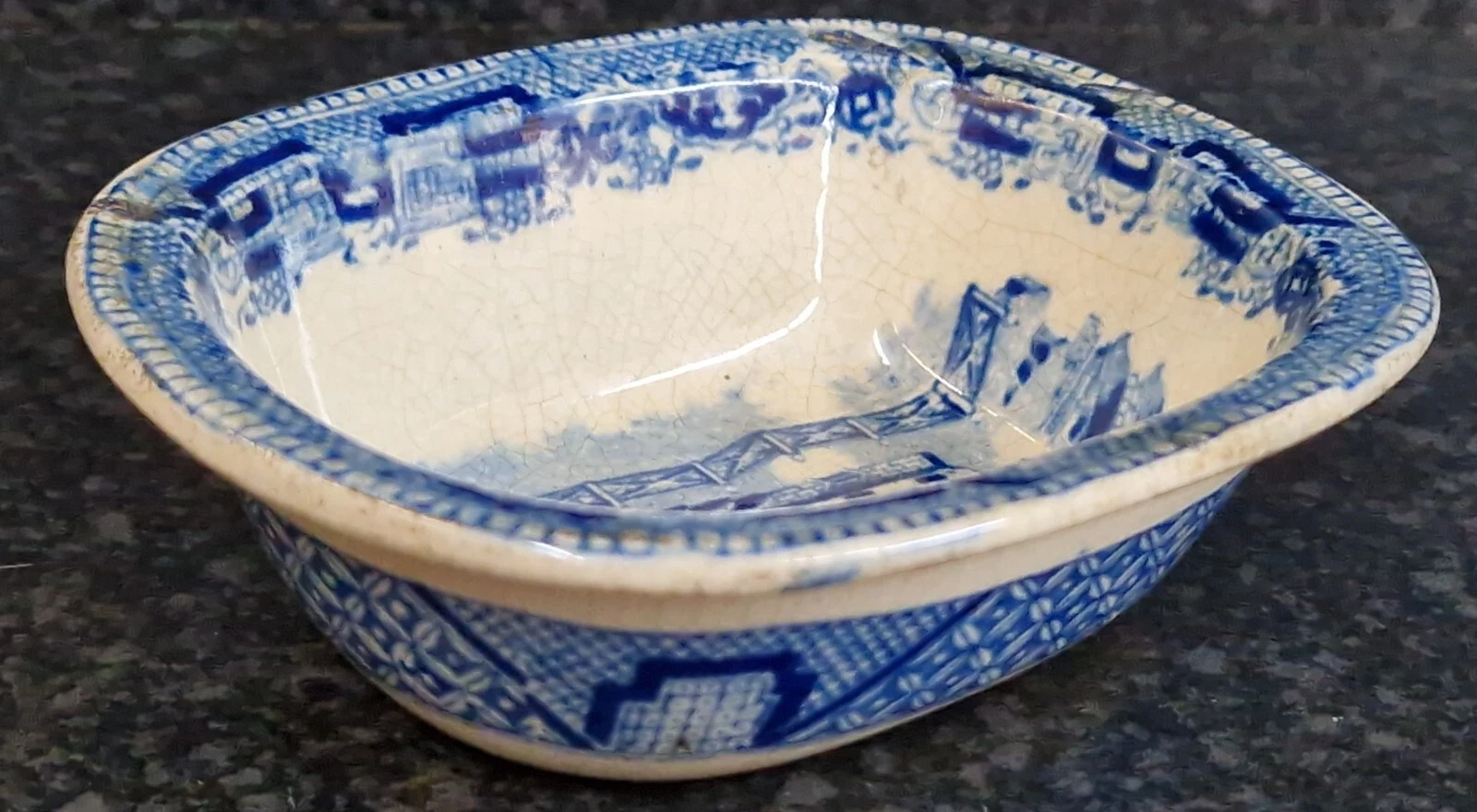 Toy Miniature Willow Pattern Blue White Print Pottery Pie Dish Antique