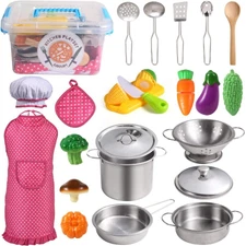 Kitchen Pretend Play Toys with Stainless Steel Cookware Pots and Pans Set