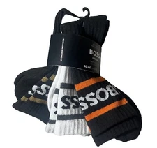Men's HUGO BOSS 3-pack Striped Cotton Crew Socks Made in Italy Black White 7–13