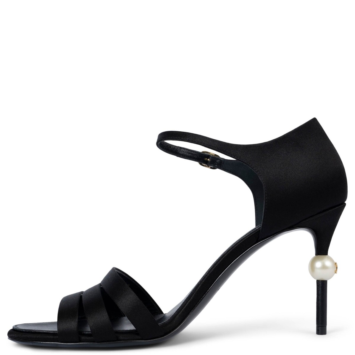 70203 auth CHANEL black satin 2022 22K PEARL HEEL Sandals