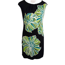 London Style Dress Sheath Womens Sz 4 Sleeveless Stretch Pleat Scoop Neck Floral