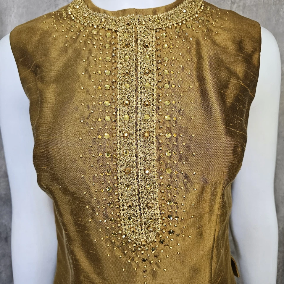 Vintage 60s Golden Slub Knit Acetate Formal Evening Tank Top Blouse Zip Back - Image 2 of 4