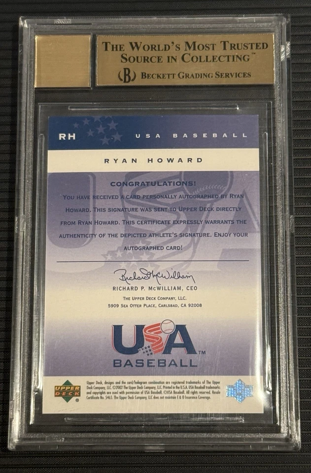Бейсбольная карточка BGS 9.5 RYAN HOWARD 2002 Upper Deck USA RC с автографом No/375 POP 7 - Изображение 2 из 2