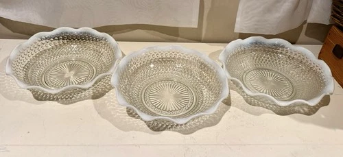 3  Vintage Anchor Hocking Opalescent Moonstone Hobnail Serving Bowls 9.5"