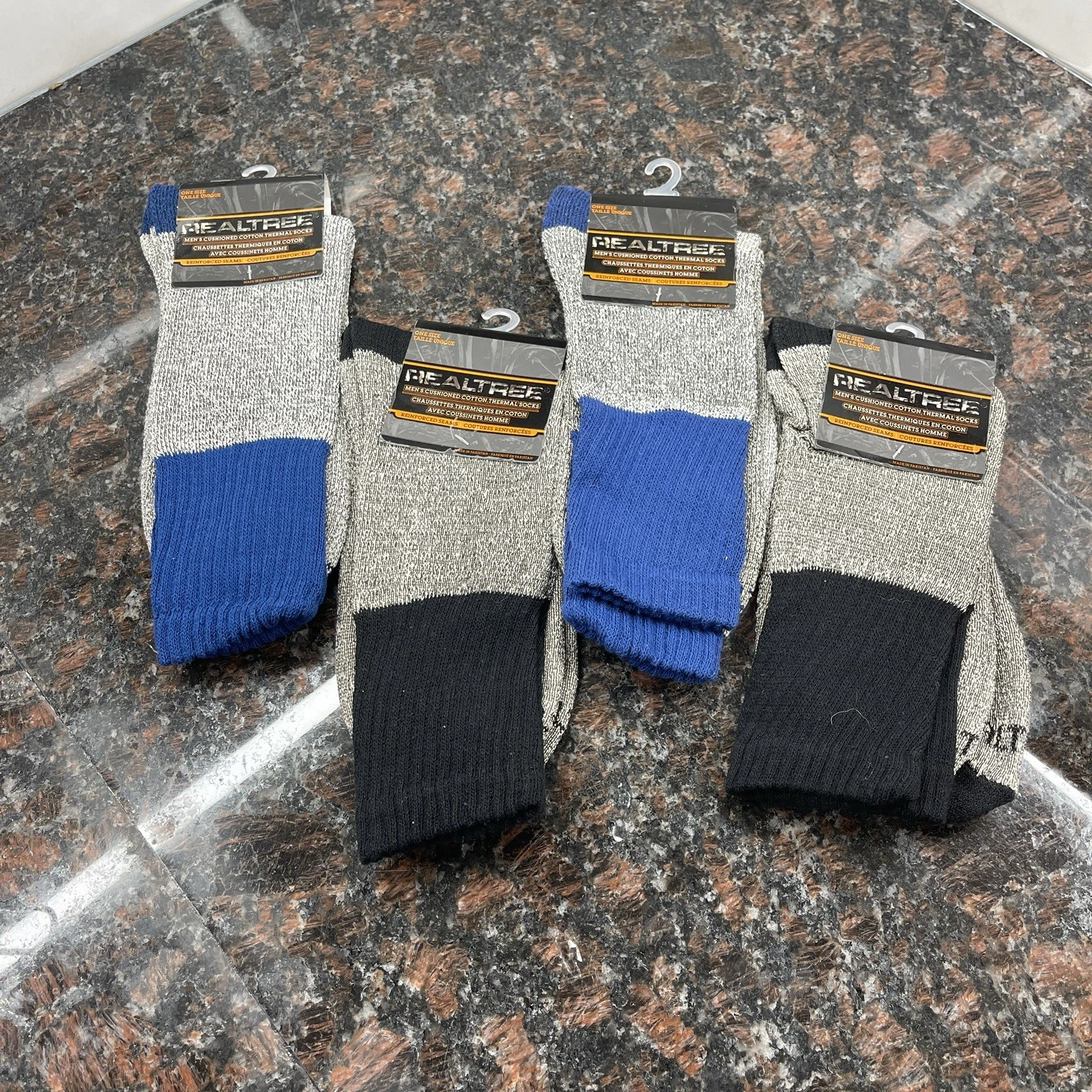 4 Realtree Socks Mens Blue Gray Black Cushioned Cotton Thermal OSFA Reinforced