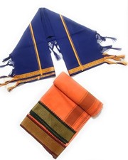Traditional Men's Cotton Dhoti 2.00 mtr with angavastram Towel Orange/Blue