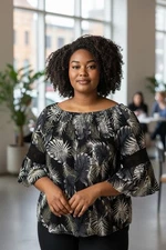 Studio West Apparel Women’s Black And White Leaf Pattern Top with Lace Accents-M