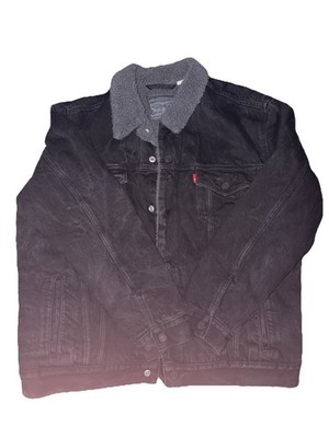Levis Sherpa Trucker Jacket Black Denim Grey Lining Men s Size Large