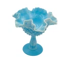 Fenton Blue Slag Glass Hobnail Ruffled Compote Footed Bowl Vintage Art Glass