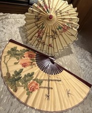 Asian Design Large Folding Fan  Rice Bamboo Paper Umbrella Lot