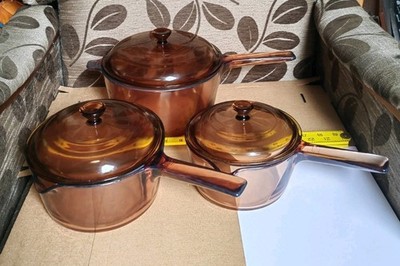 Vintage 80er Vision Corning France Glas 6 teilig Saucentopf Set Smoked Amber Pyrex