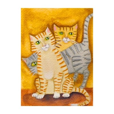 Cats Watercolor Original Gray Brown Orange Naive Folk Outsider Art 3.75x5.5