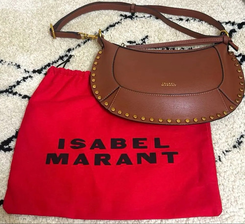 ISABEL MARANT OSKAN MOON Crossbody Shoulder Bag Brown Leather Studs Half Moon FS - Picture 2 of 5