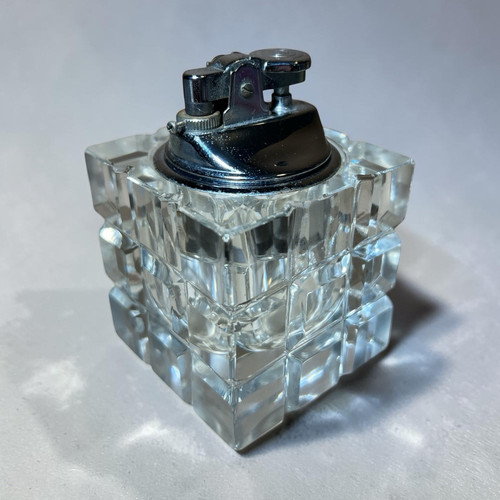 Vintage 60’s Crystal Glass Table Lighter Cubic Design Decorative