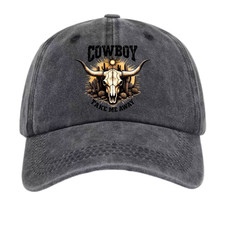 Western Desert Cowboy Washed Dad Hat - Bull Skull Graphic Unisex Casual Cap