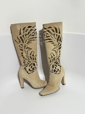 Vtg Roberto Cavalli Beige Cut Out Suede Boots 38