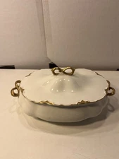 Antique Johnson Brothers England White Covered Vegetable Tureen With Gold Trim 