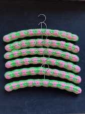 Set Of 6 Vintage Handmade Crocheted Padded Wooden Hangers - Pink Green