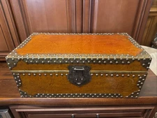 Vintage Faux Brown Camel Leather Trunk Chest Sudden Metal Corners 