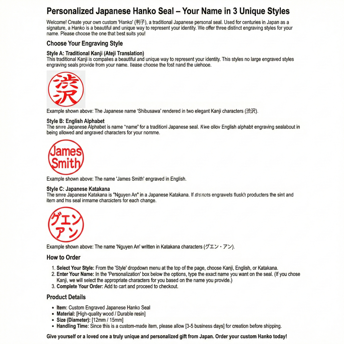 Personalized Japan Hanko Inkan Seal Stamp Kanji - Please Send Name