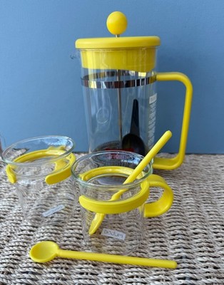 Vintage Bodum 70 Jahre Jubiläum Bistro Kaffeemaschine und 2 Tassen gelb neu im Karton