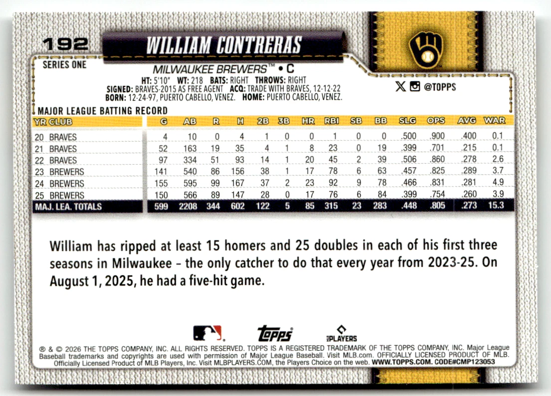 Topps MLB Series One No. 2026 William Contreras 192
