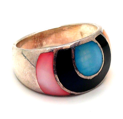 SUPER Designer Ring 925 Sterling Silber Multicolor Multi Gem Inlays Südamerika