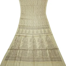 Namaste Vintage Cream Sarees 100% Pure Silk Printed Indian Sari 5YD Craft Fabric