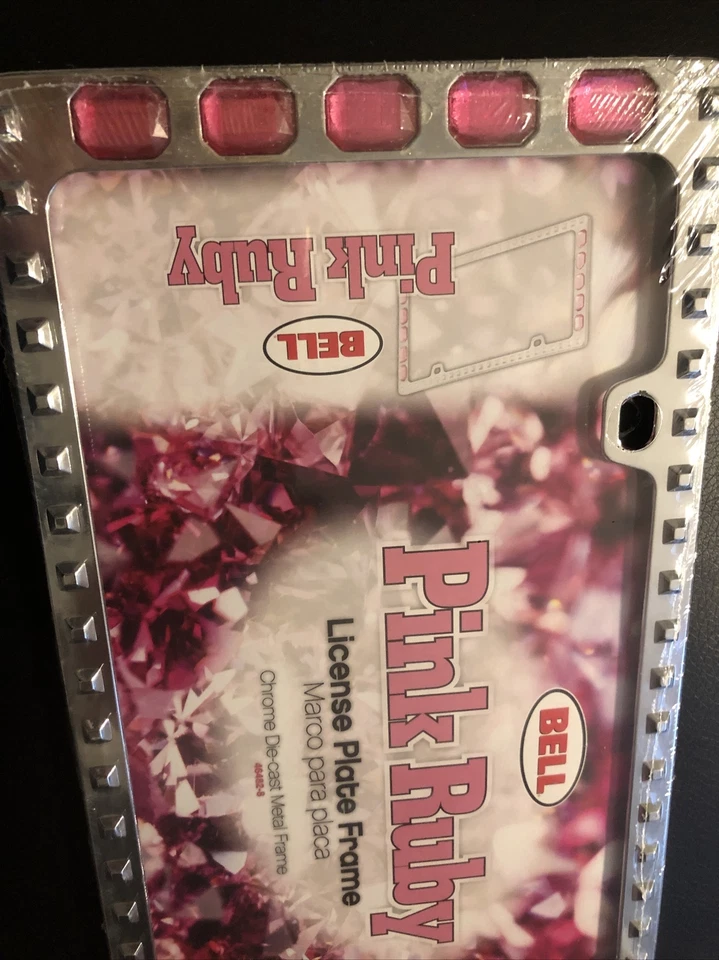 车牌框架闪亮粉红色红宝石金属汽车标签支架水晶钻石铃全新无标签 — 第 2/4 张图片