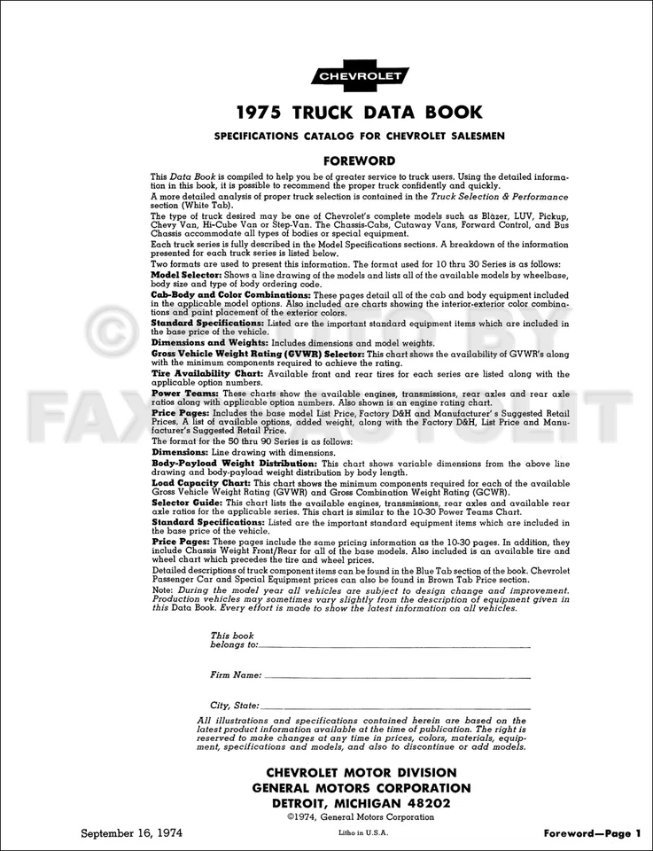 Libro de datos de camionetas Chevy 1975 para todas las opciones y especificaciones de camionetas Chevrolet Foto 2 de 2