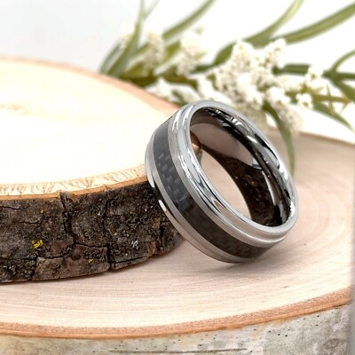 9mm Christmas Ring Black Carbon Fiber Inlay Beveled Edge Band Silver Tungsten