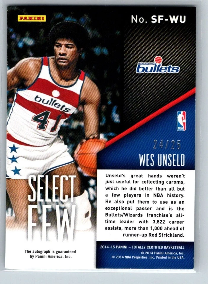 Espejo retrovisor automático Wes Unseld 2014-15 Panini totalmente certificado selectos pocos #SF-W 24/25 Foto 2 de 2