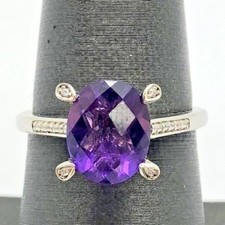 Sterling Silver 925 Faceted Purple Amethyst CZ Pave Accent Petals Cocktail Ring