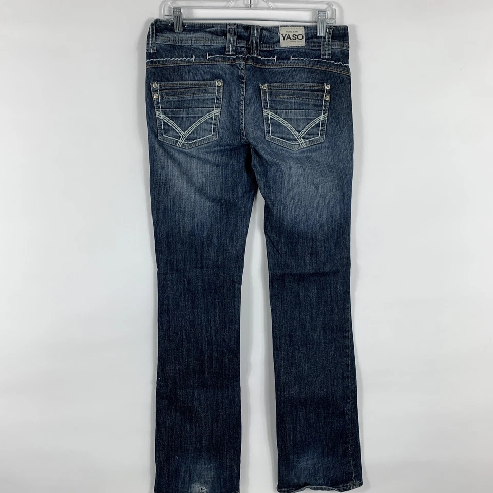 Yaso Jeans Size 7 / 8 Boot Blue Dark Wash Mid Rise Distressed Stretch Bootcut - Image 3 of 4
