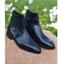 New Dark Blue Handmade Leather Formal Jodhpur Ankle Strap Dress Boots For Mens