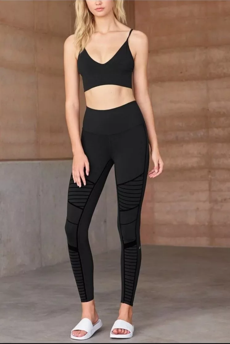 Alo Yoga Flocked High Waisted Moto Leggings Black Velvet Small