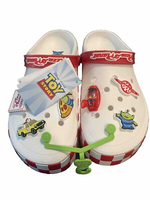 Crocs X Toy Story Pizza Planet Slip On Clog  White Red NEW