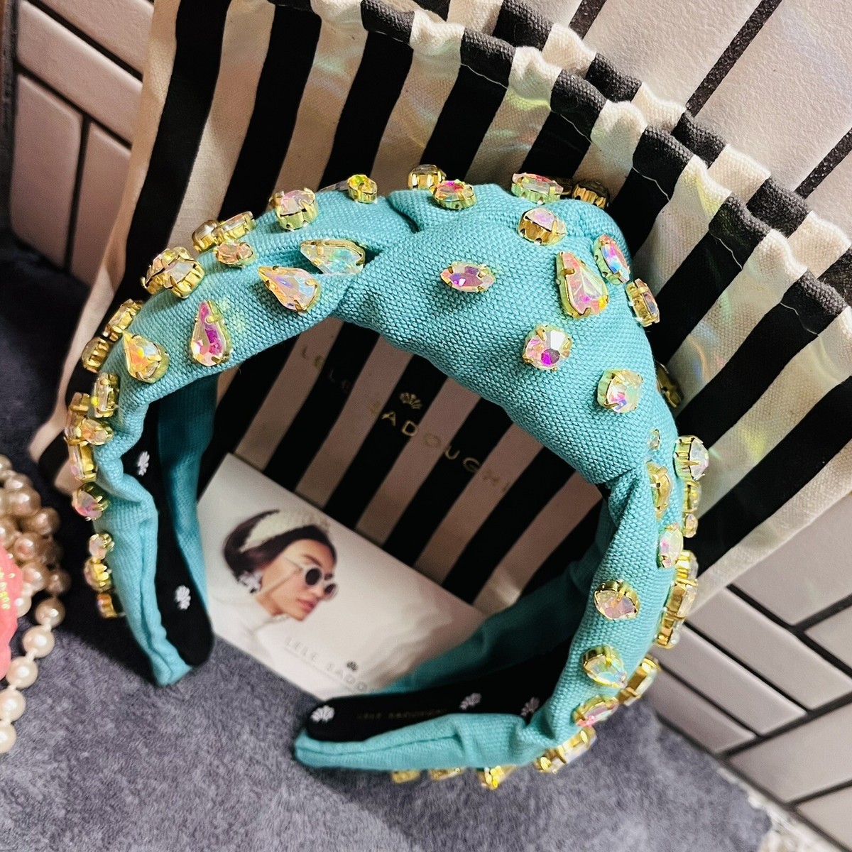 Lele Sadoughi Multicolor Braided Headband - Purple, Pink, Blue, Orange, Teal LELE SADOUGHI MIXED MULTI CRYSTAL WOVEN TEAL KNOTTED  main image 2