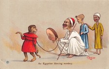 L465 An Egyptian dancing monkey comic signed Manavian vintage postcard