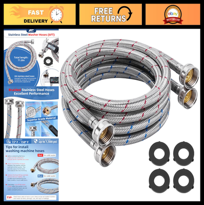 #ad 6FT Stainless Steel Washer Hoses 3 4quot; NPT Hot amp; Cold Water Supply Lines 2 Pack $29.69