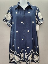 Anthropologie Kindred Knee Length S Navy Embroidered Floral Shirt Dress