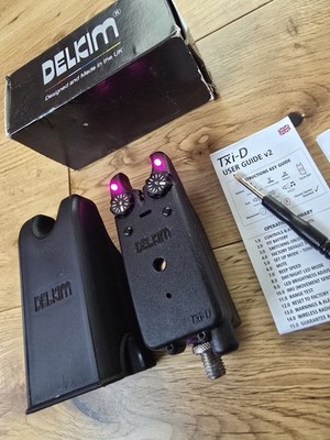 Boxed Delkim TXI-D v1 Purple led Bite Alarm with case carp tackle setup.