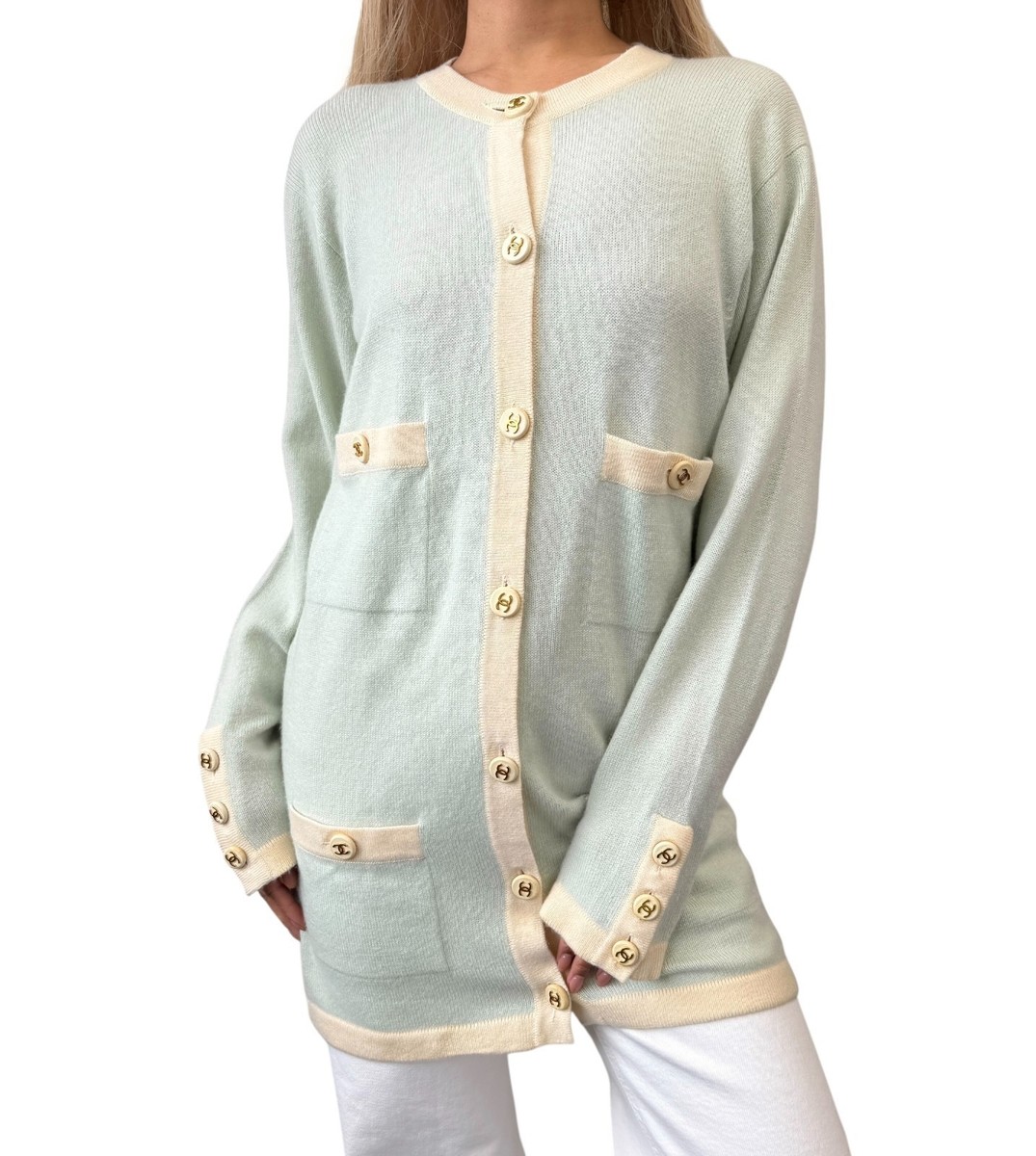 CHANEL Vintage 94C CC Button Trimmed Cashmere Cardigan Knit Top