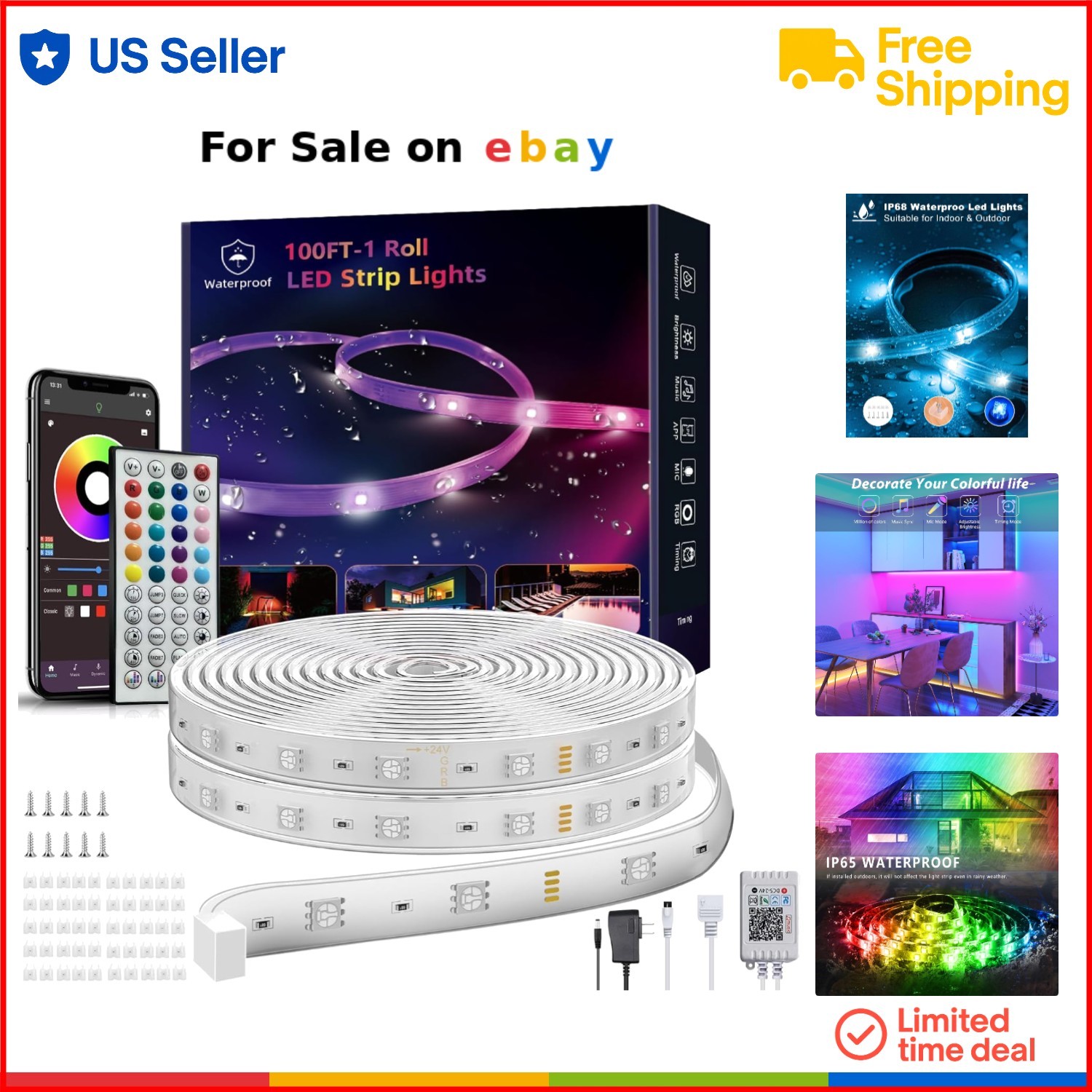 100ft Waterproof RGB LED Strip Lights with Music Sync for Indoor Outdoor Use